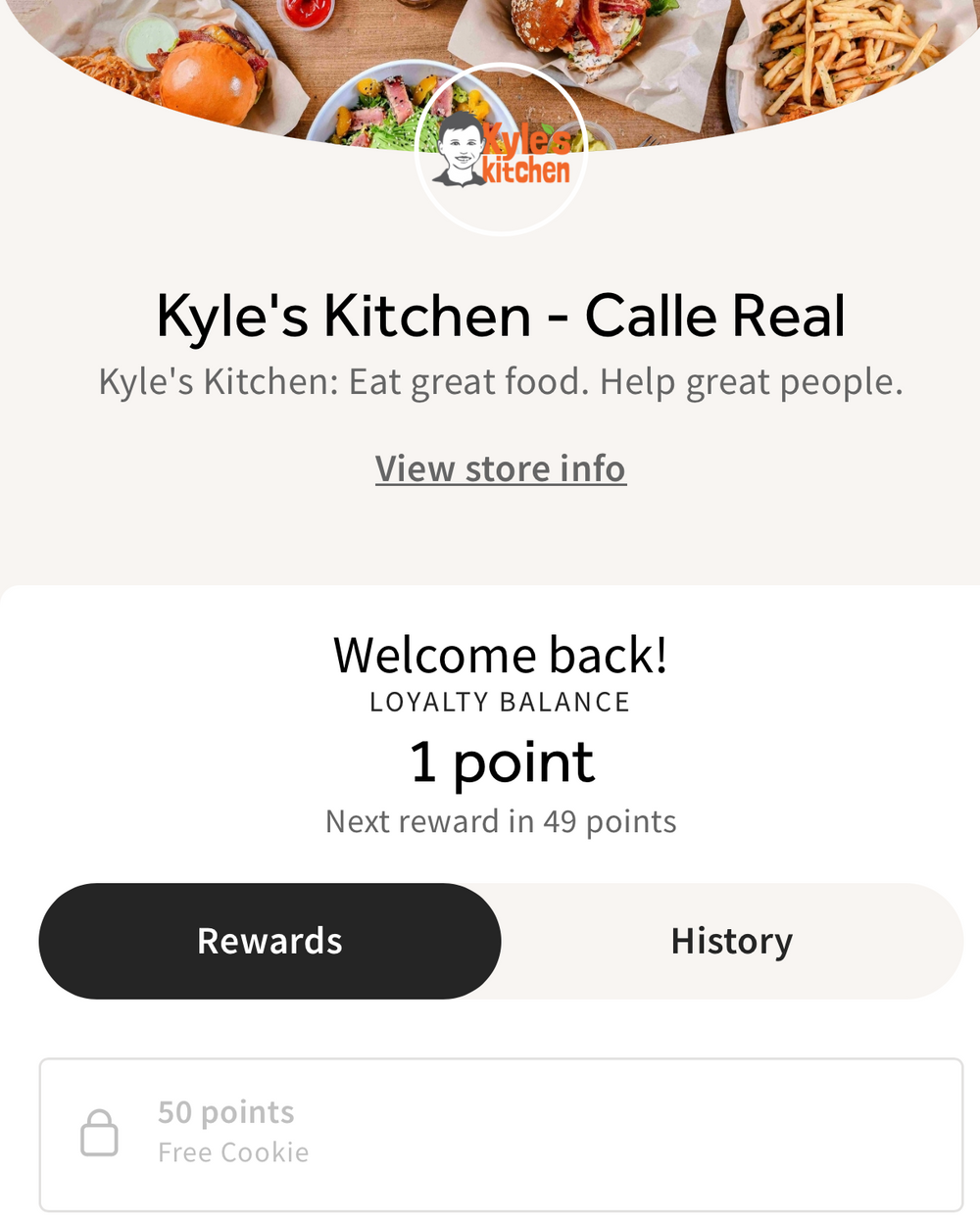 Kyle's Kitchen app interface with food images and loyalty points system.